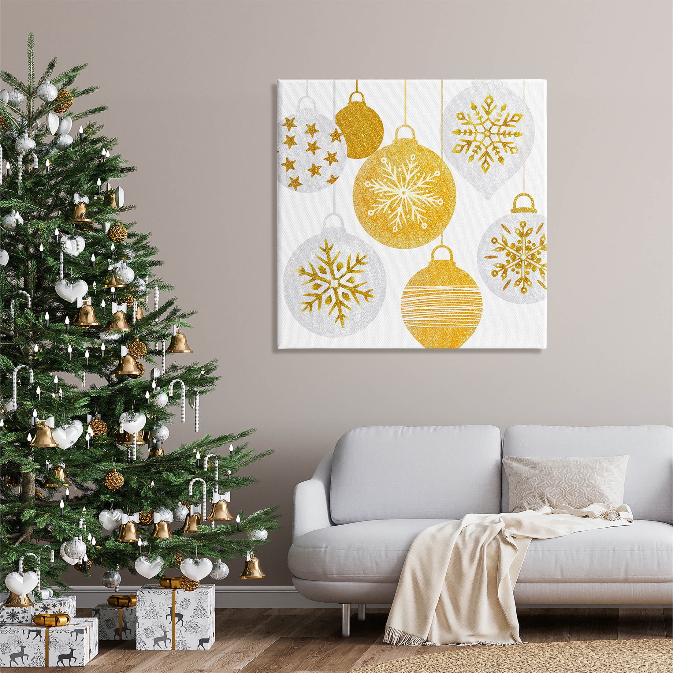 Glimmering Hanging Christmas Baubles Holiday Graphic Art Gallery Wrapped Canvas Print Wall Art