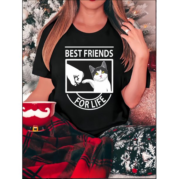Camiseta con estampado de gato chic para mujer: camiseta informal de manga corta y cuello redondo, algodón elástico, lavable a máquina, no transparente, ideal para todas las estaciones. Camisetas de o