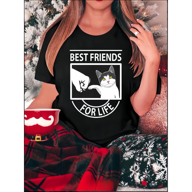 Camiseta con estampado de gato chic para mujer: camiseta informal de manga corta y cuello redondo, algodón elástico, lavable a máquina, no transparente, ideal para todas las estaciones. Camisetas de o