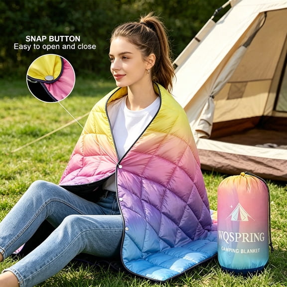 Outdoor Waterproof Blanket Sleeping Bag Alternative - 79"x55" Packable Camping Quilt with Snaps & Compression Sack, Colorful Lightweight Travel Stadium Blanket for Hiking, Picnic, All Season Camping