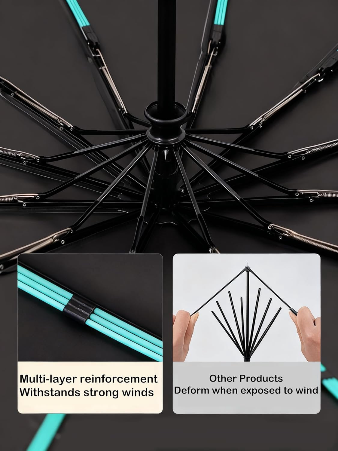 10-Shaft 50-Rib Heavy-Duty Umbrella, Automatic Open/Close with Carabiner Handle, -Weather Wind Resistant & UPF 50+ for Rain and Sun