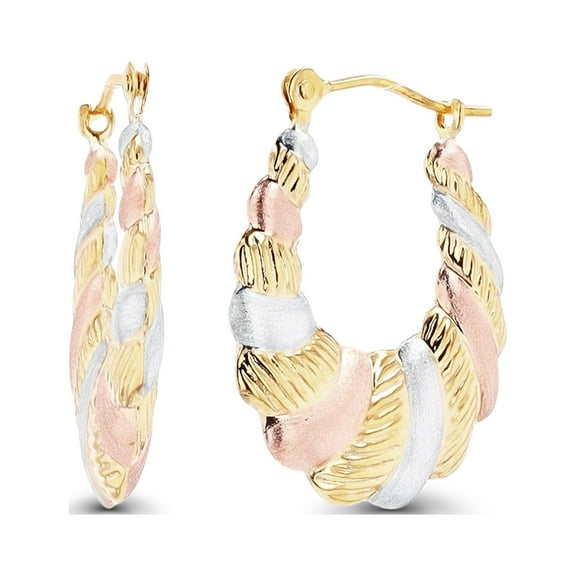 Decadence 14K Gold Tricolor Polished & Textured Twisted Shrimp Hoop Earrings For Women | 2.60x21mm Hoops | Earrings For Sensitive Ears | Solid Gold Earrings For Women