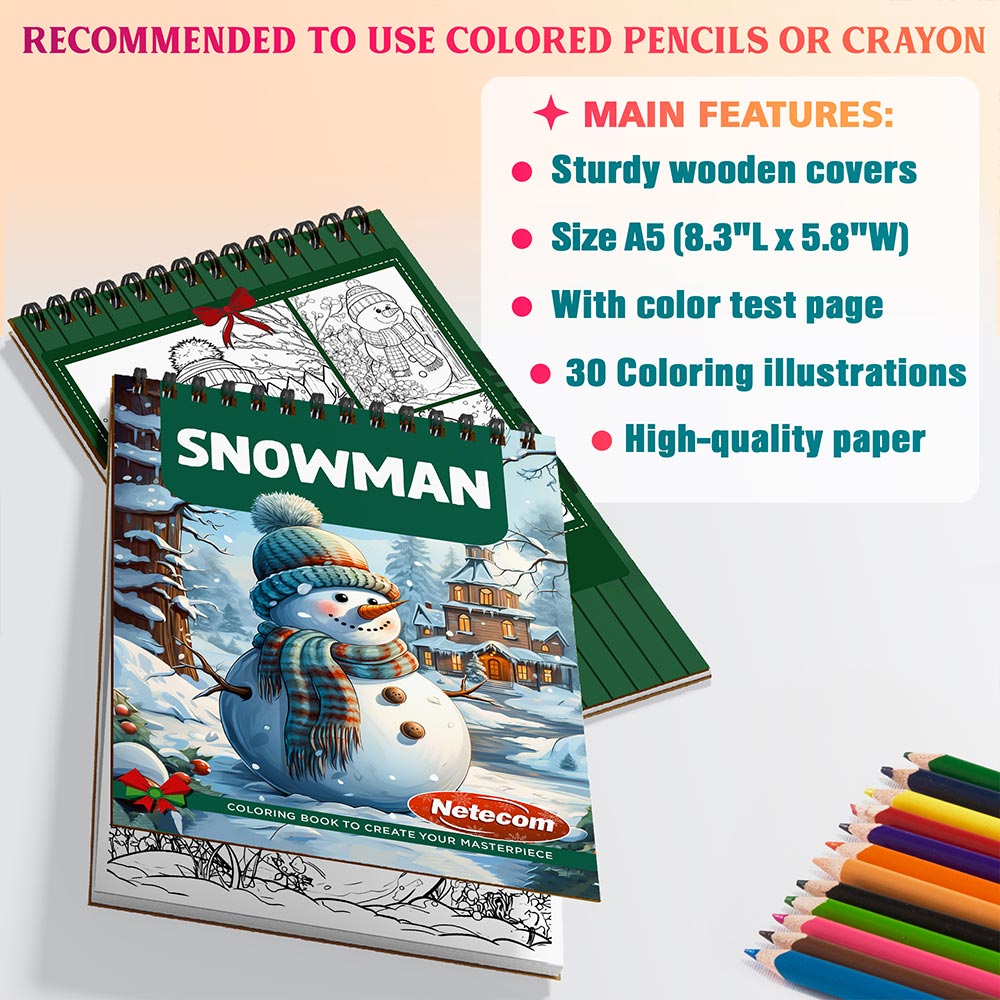 Netecom Snowman Coloring Book Spiral Bound for Adults, A5 Wooden Cover, 30 Cheerful Snowman Coloring Pages in Merry Christmas Day for Stress Relief and Relaxation