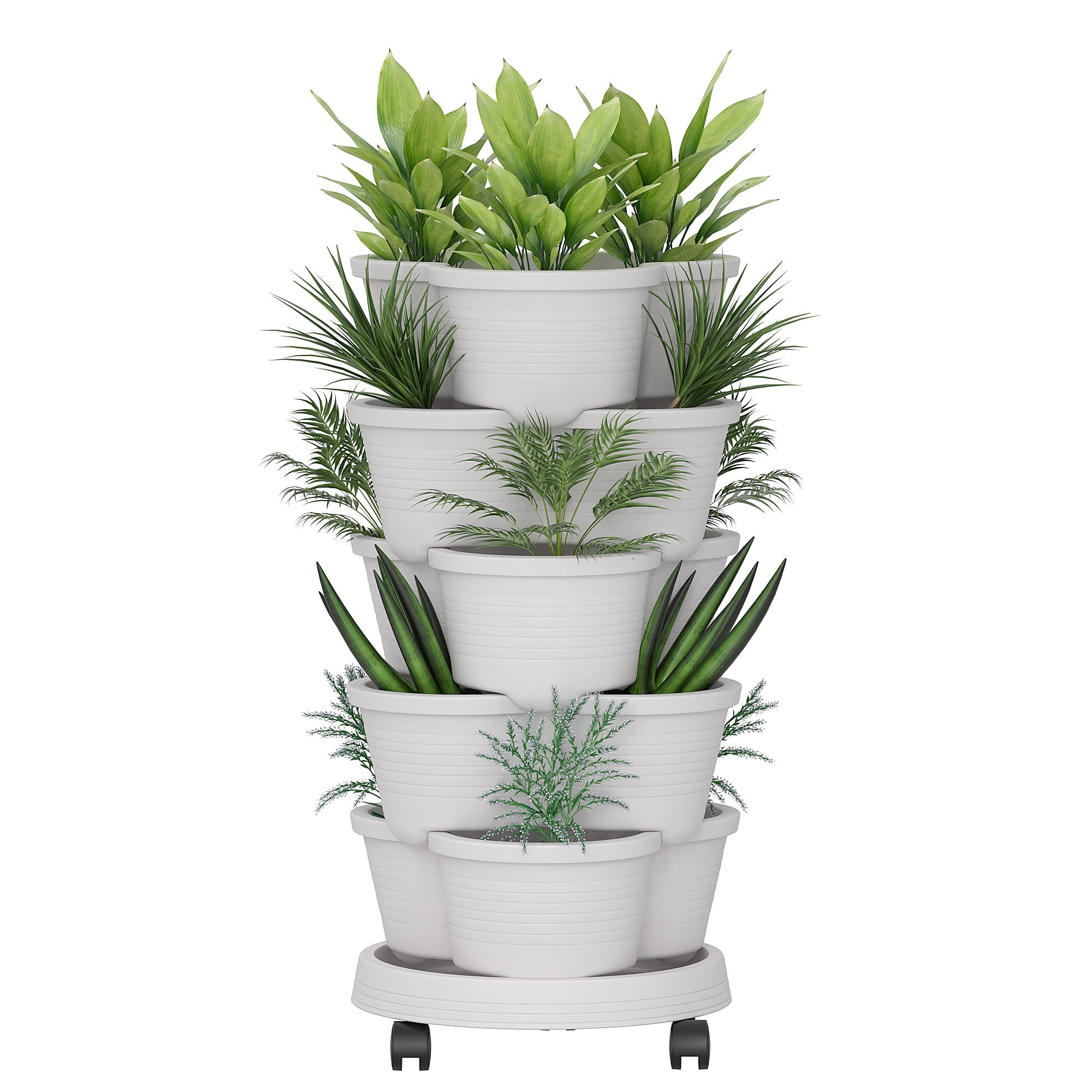 VECELO Stackable Planters 5 Tier Vertical Gardening Planter, Stackable Garden Tower Indoor Outdoor Pot For Strawberries, Flowers, Herbs, Vegetables With Removable Wheels, Gray