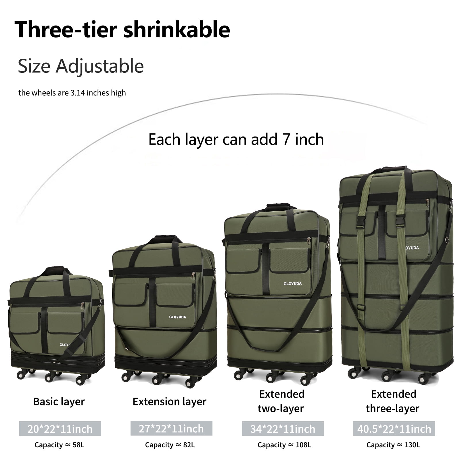 Gloyuda 130L Rolling Bag, 40 inch Duffle Bag with Wheels, Rolling Tote Bags with Wheels, Collapsible Luggage, Travel Bag with Wheels and Handle, Roller Bag with 2 Fixing Straps and 1 Shoulder Strap