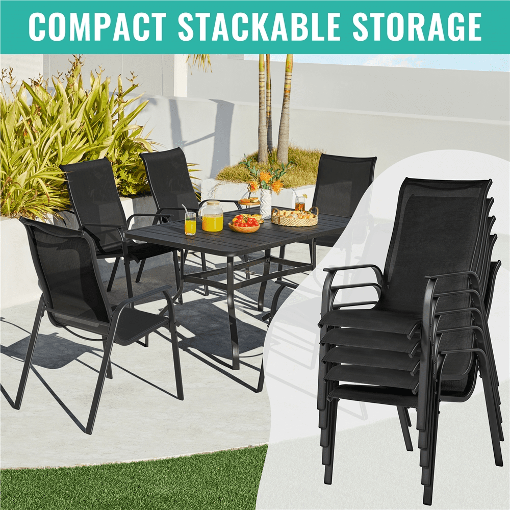 Renwick Outdoor Stackable Dining Chairs with Backrest, Set of 2, Black