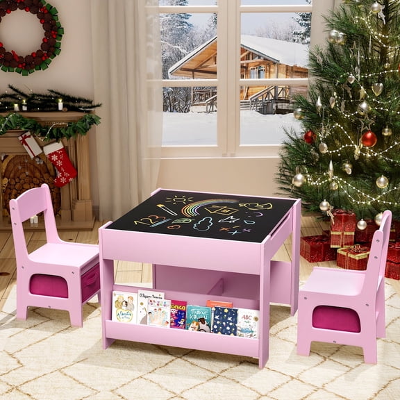 Pirecart Kids Table and Chairs Set, 4 in 1 Wooden Activity Table with Reversible & Detachable Tabletop, Storage Drawer, Bookshelf, Kids Art Desk for Drawing, Playing, Learning, Pink
