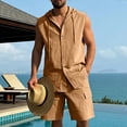 thumbnail image 2 of HBGVBA Mens Summer Set Solid Color Loose Linen Pocket Elastic Waist Shorts Button Hooded Tank Top Shirt 2 Piece Beach Set, 2 of 5