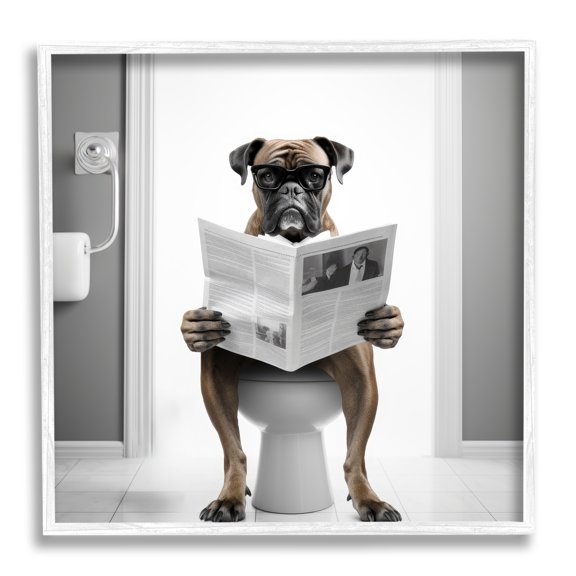 Stupell Industries Boxer Dog & Newspaper Animals & Insects Painting White Framed Art Print Wall Art, 17 x 17