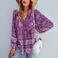 thumbnail image 2 of Camisas bohemias informales para mujer, estampado floral, con botones, cuello en V, manga larga, con cordón, blusas sueltas y fluidas, color morado M, 2 of 6