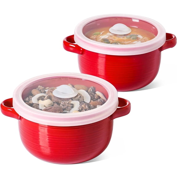 LE TAUCI Red Ceramic Soup Bowls with Lids and Handles, 28 oz French Onion Soup Bowls Set of 2, Microwave Safe Bowls for Cereal, Chili, Stew and Leftovers
