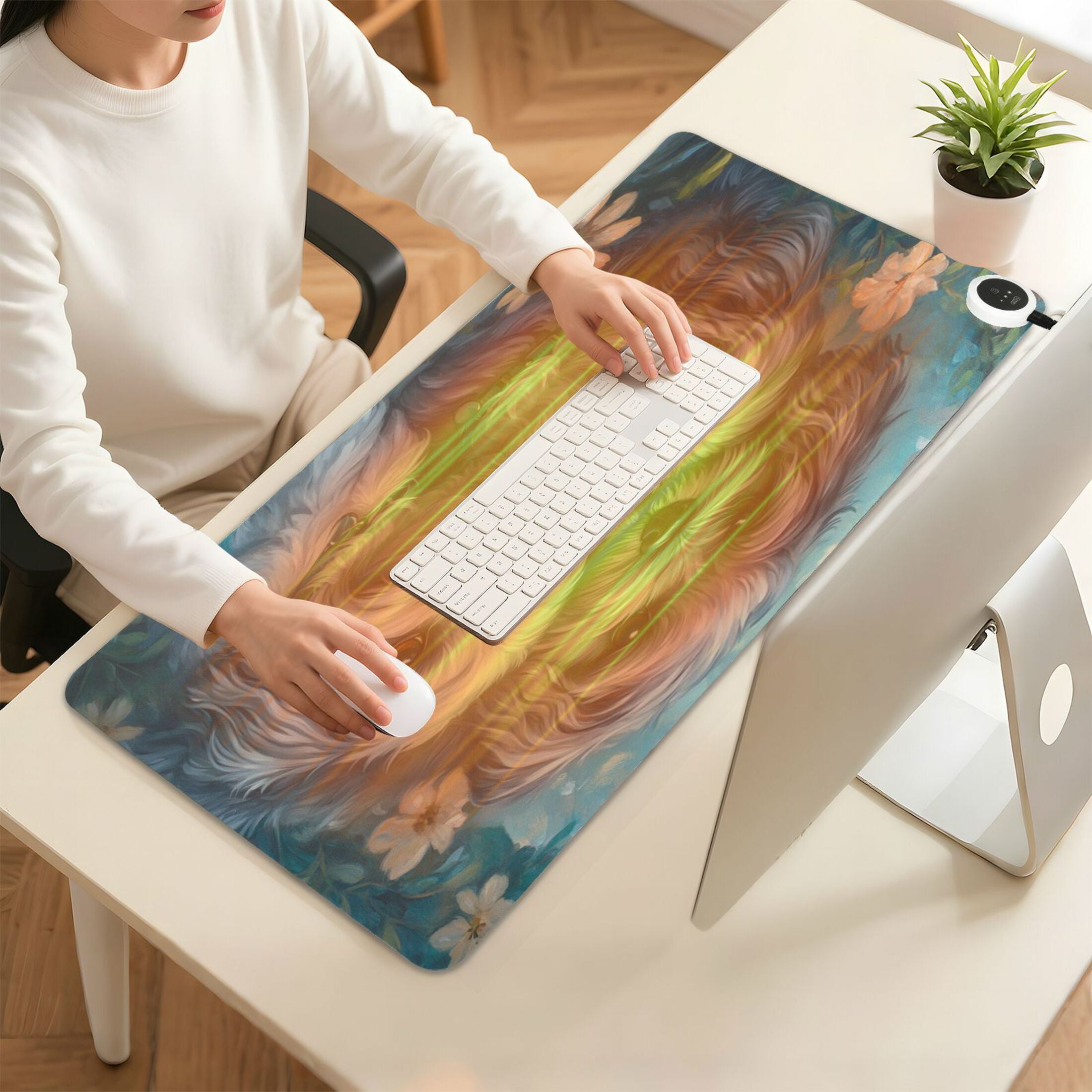 Wobogo Cute Gray Lhasa Apso Dogs Heated Mouse Pad Extra-Large Desk Mat With 3 Heating Levels and 3-hour Auto Shut-Off Protection Ideal for Computer Keyboards Home Office Hand-warming Essential 31.5in