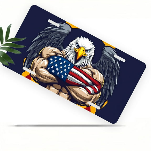 License Plate, Muscular Patriotic Eagle Decorative Front,Personalized Stainless Steel License Plate Cover For Men Women,12.2" X 6.2"