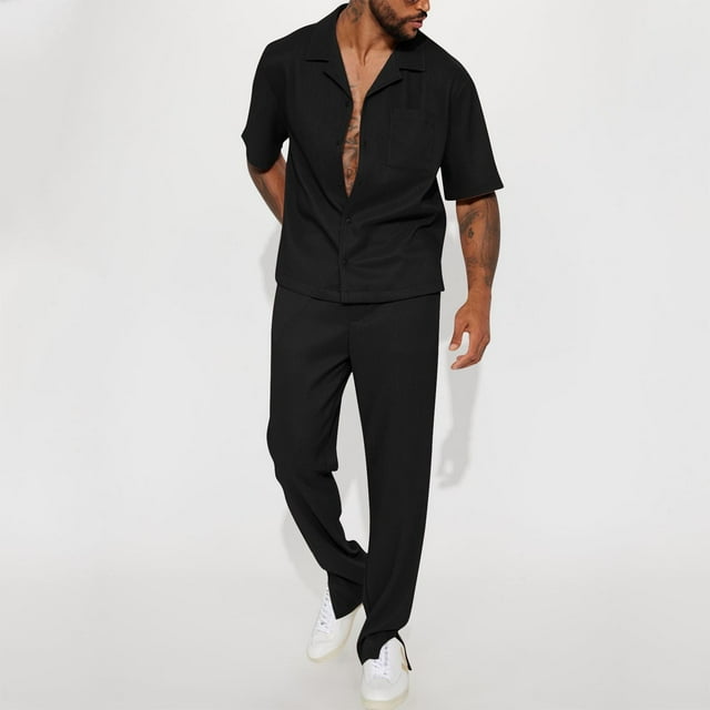 Weiqiqre Men's 2 Piece Vertical Striped Textured Outfits Summer Casual Button Down Shirts And Pants Matching Sets
