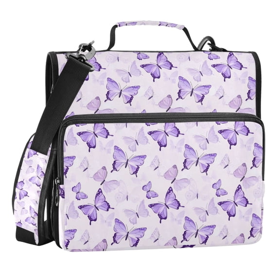 Zipper Binder Purple Butterflies 1.5 inch Binder Folder Bag with Shoulder Strap and Handle
