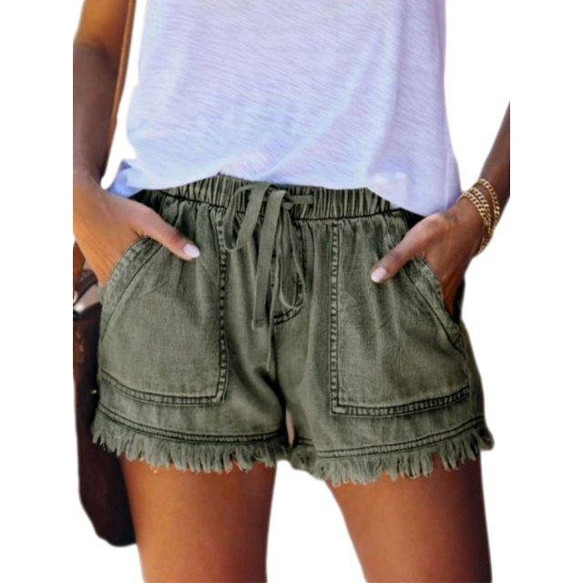 Luxur Short en Denim à Taille Haute avec Cordon pour Femme, Vert, TTG