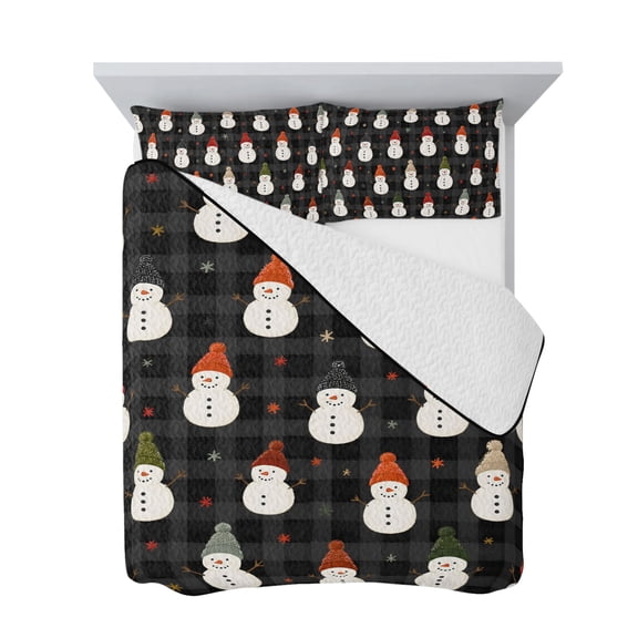 Twin Quilt Bedding Set, Abstract Christmas Small Snowmen Soft Microfiber Summer Bedspread Coverlet with 2 Pillow Shams for All Season, Black Gray Plaid Breathable Bedding Set for Hot Sleepers