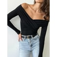 thumbnail image 3 of FEORJGP Women Long Sleeve T-Shirts  V-Neck Off Shoulder Shirts Solid Color Front Cross Slim Fit Short Tops Streetwear Daily for Spring Fall, 3 of 9