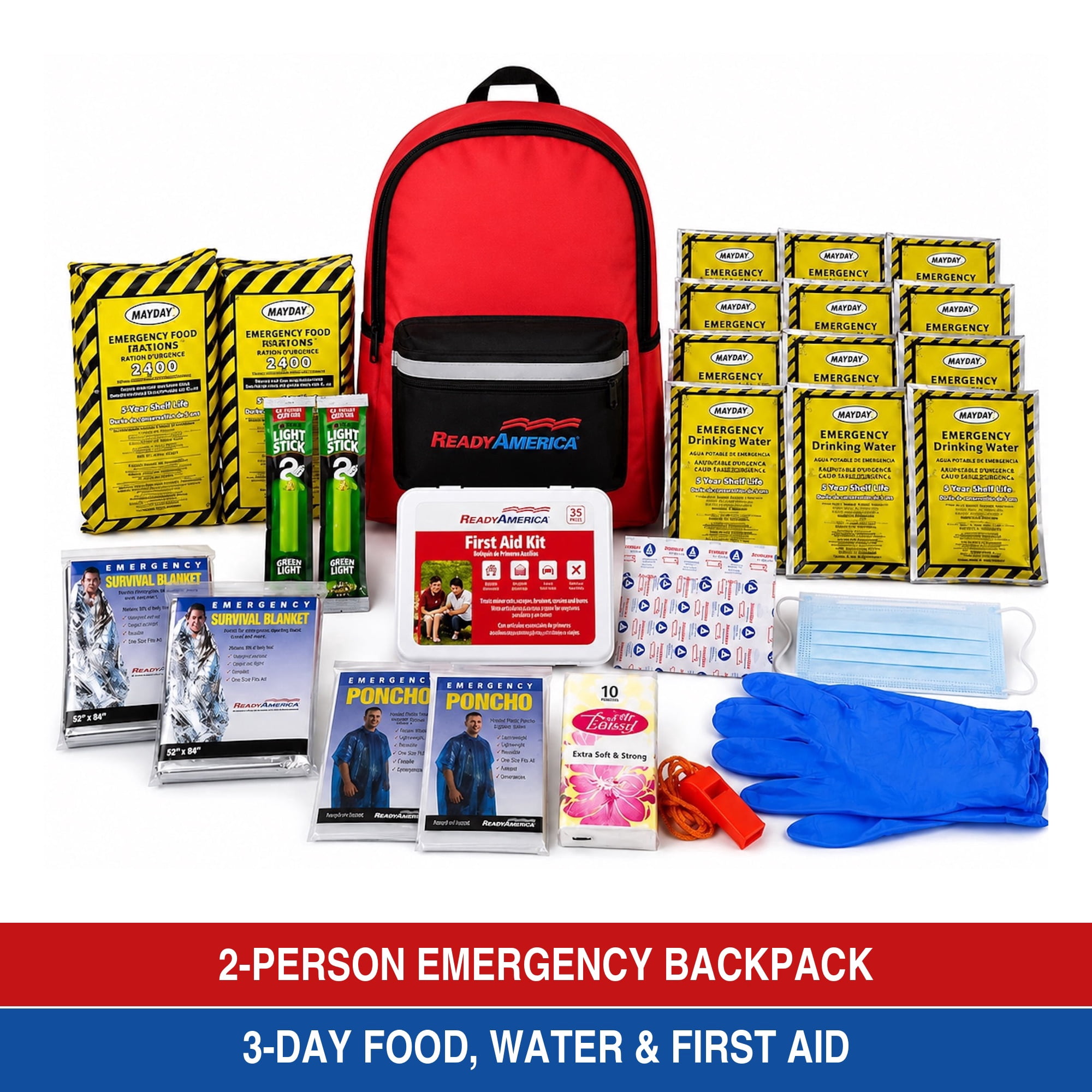 Ready America, 2 Person Emergency Kit (3 Day Backpack), Red, Five Year Shelf Life