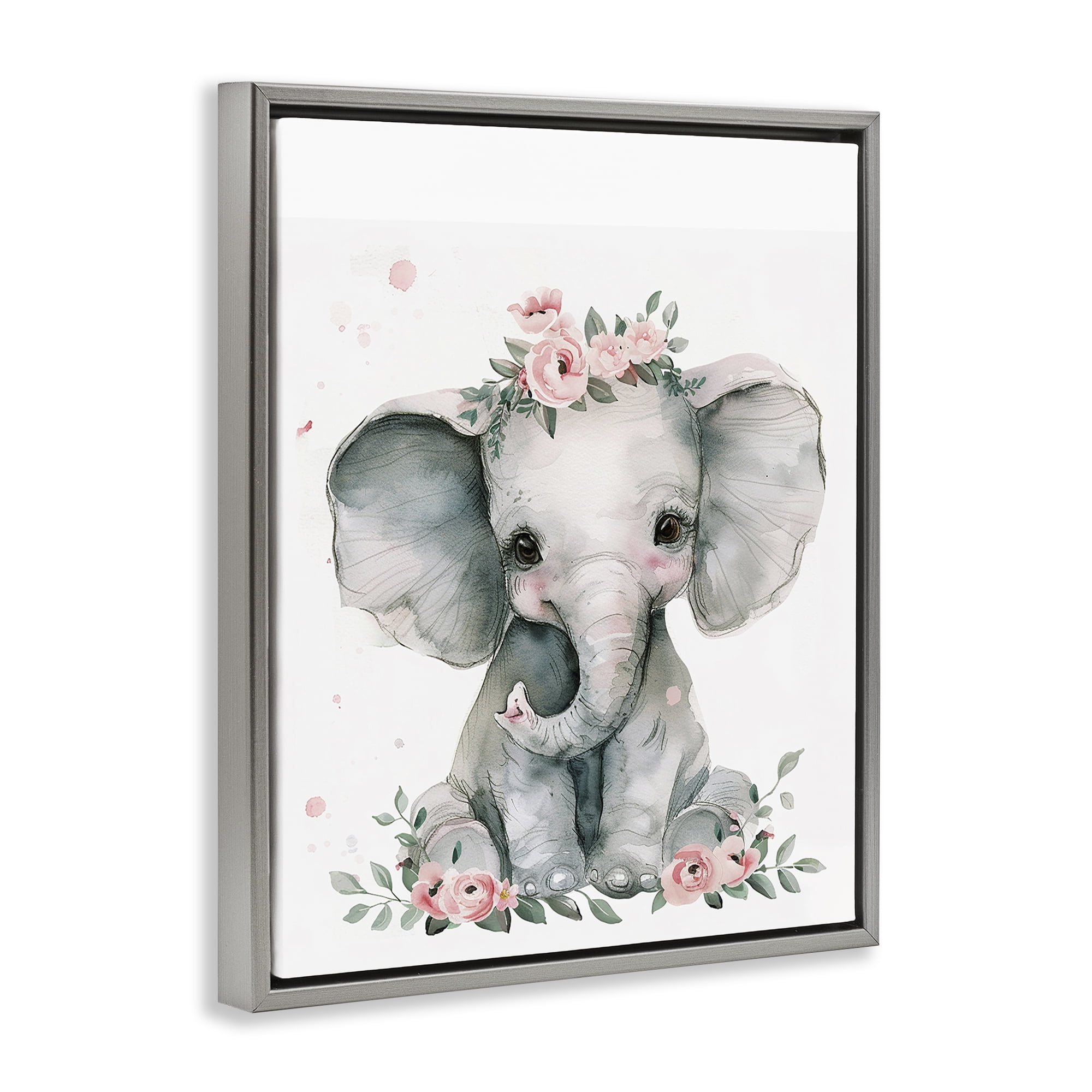 Stupell Industries Nursery Floral Elephant Animals Painting Gray Floater Framed Canvas Art Print Wall Art, 17 x 21