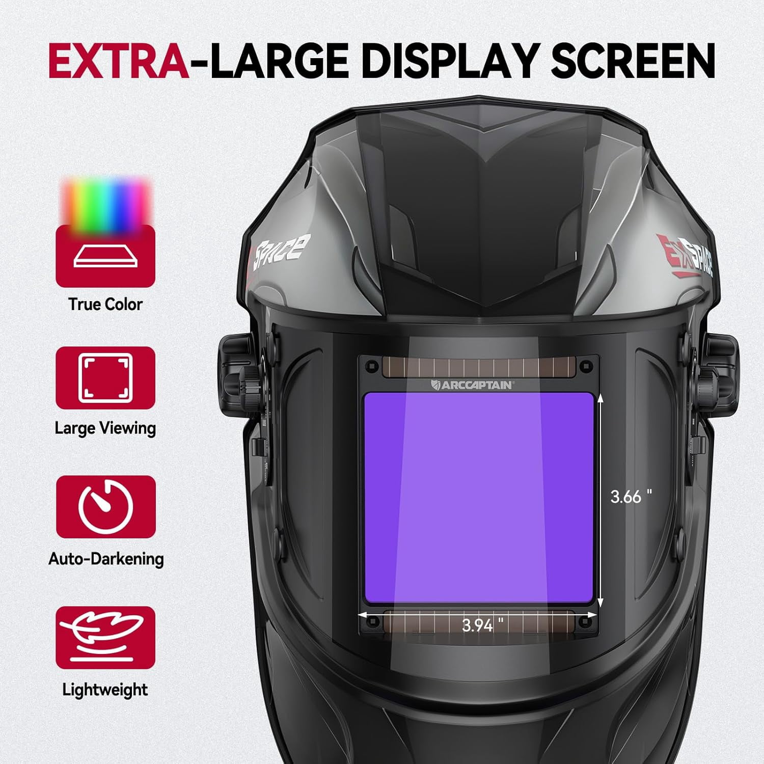 ARCCAPTAIN Auto Darkening Welding Helmet - 180° Panoramic View | 1/1/1/1 True Color Large Lens | 4 Arc Sensors & Solar Power | Shade 4-13 | For TIG, MIG, Arc, Cutting