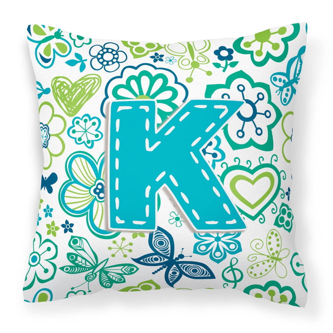 Letter K Flowers and Butterflies Teal Blue Fabric Decorative Pillow