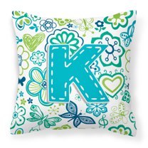 Letter K Flowers and Butterflies Teal Blue Fabric Decorative Pillow