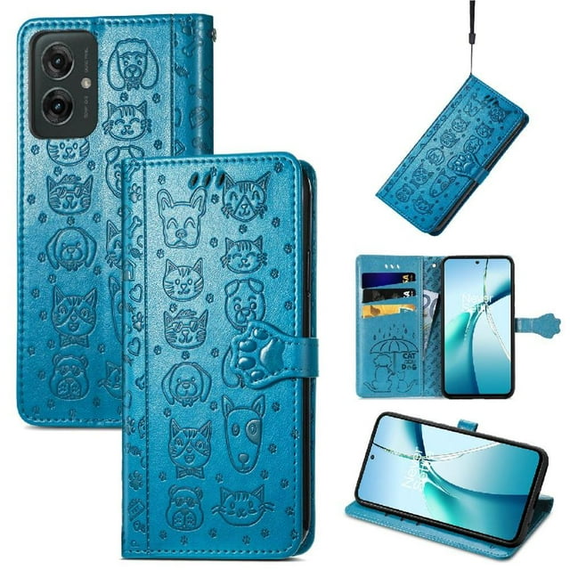 Funda Cartera FOXDOCK para Motorola Moto G55 , Flip PU con Relieve de Gatos y Perros, Tarjetero y Soporte