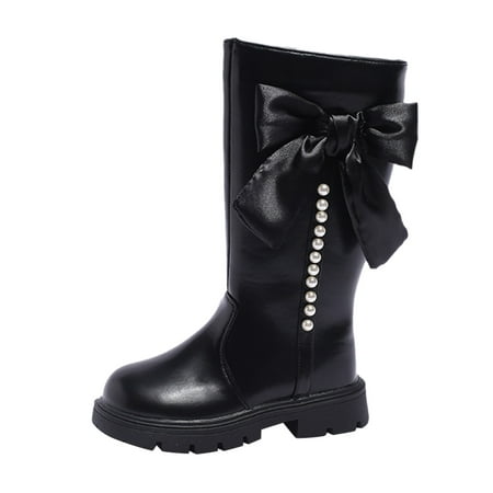 Hessimy Girls Boots Knee High Side Zipper Mid Calf Shoes Plush Warm Leather Booties for Toddler/Little Kid/Big Kid(Black 6-7 Years)