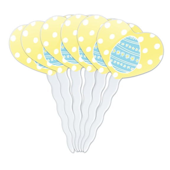 Cute Blue Easter Egg with Daisies Heart Love Cupcake Picks Toppers Decoration Set of 6