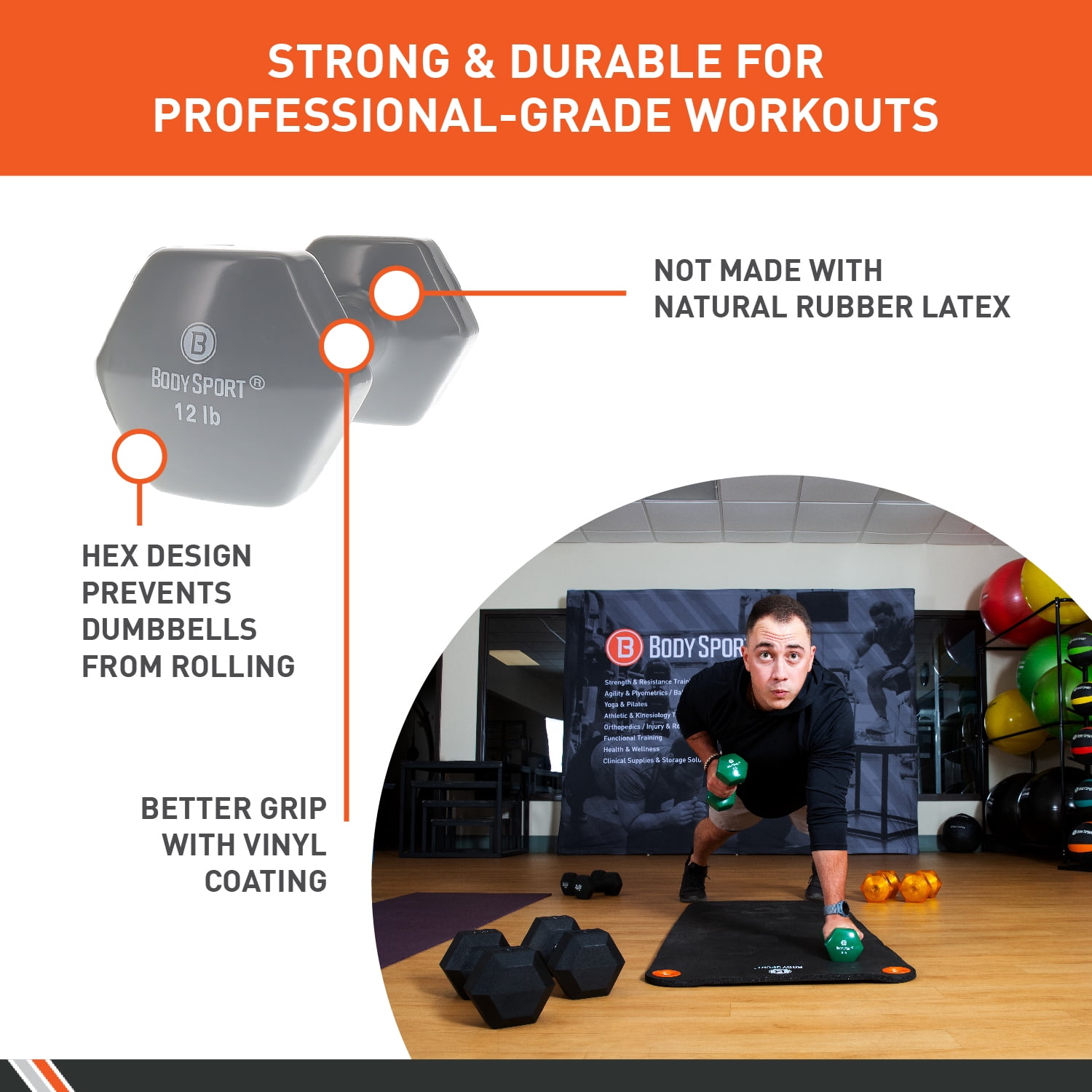 Body Sport Vinyl Coated Dumbbell Weight, 12 lb. (Single) - Strength Training Equipment for Home Fitness & Gym Workouts (Gray)