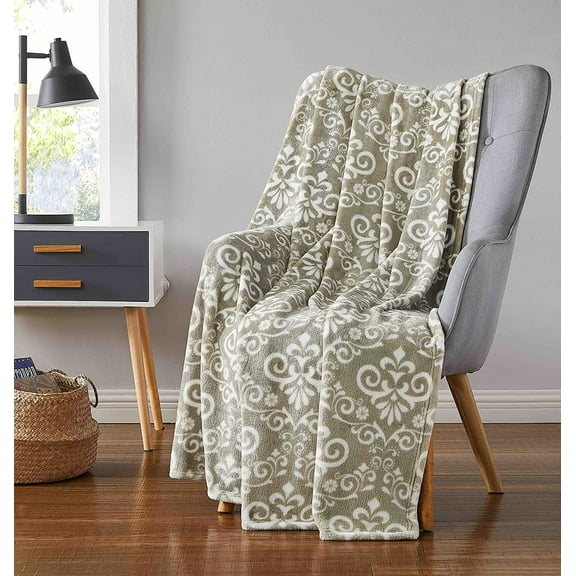 Serafina Home Decorative Throw Blanket: Floral Damask Style on Soft Velvet Fleece Accent for Living Room Couch Bed Chair Dorm (Taupe)