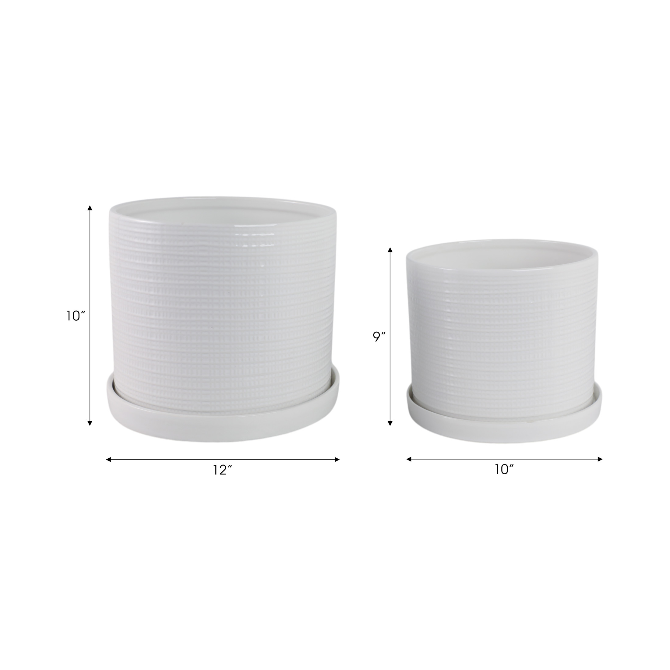 Ribbed Accent Garden Saucer Planters for Home Decor - Ceramic Indoor and Outdoor Flower Pots with Textured Design - Garden Display with Drainage for Home and Patio Styling - Set of 2, 10", 9", White