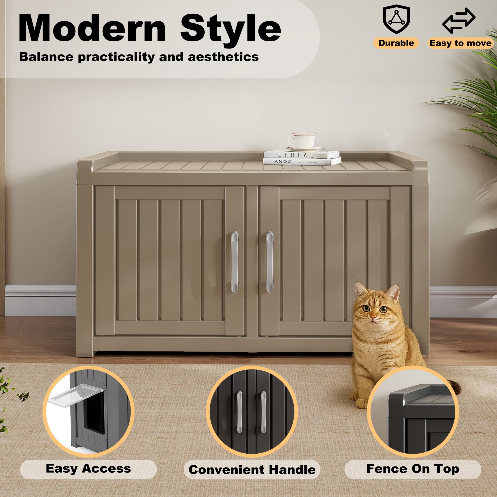 EasyUp Cat Litter Box, Resin Weatherproof Enclosed Litter Box with Dual-Door Design, Hidden Furniture for Indoor Home Use (Gray)