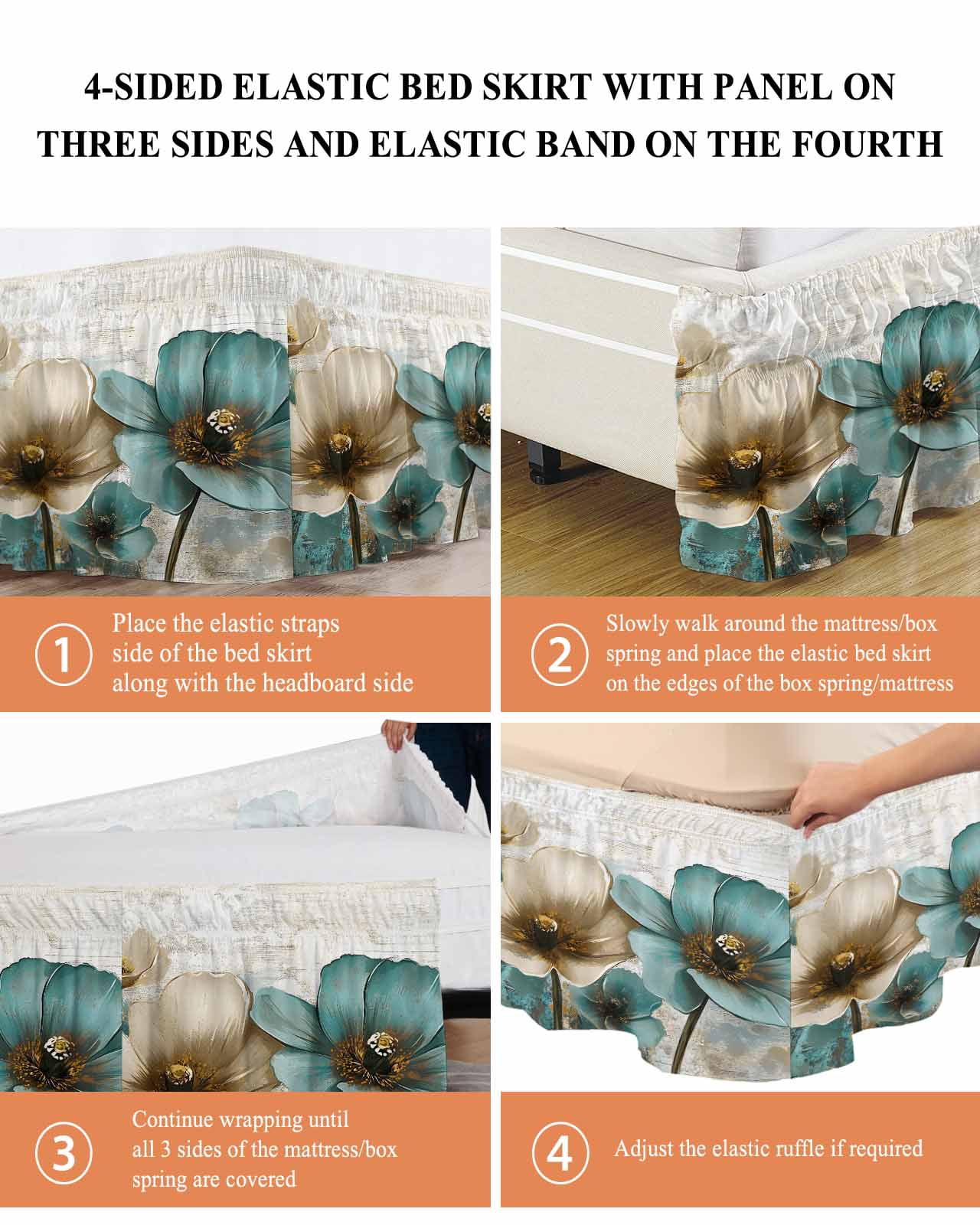 Retro Beige Teal Flowers Bed Skirt Vintage Background Pastoral Style Bed Skirts King Size 18 Inch Drop, Wrap Around Dust Ruffle&nbsp;Bedskirt with Adjustable Elastic Belt for Queen Size Beds