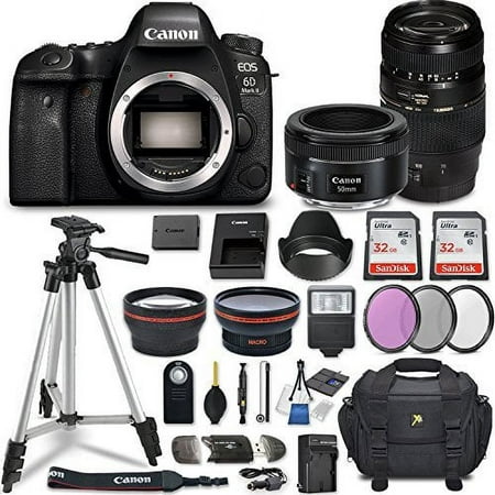 Canon EOS 6D Mark II DSLR Camera w/ 4 Lens Bundle including 2.2x Telephoto & 0.43x Aux Wide Angle Lens + 2Pcs 32GB SD Memory + Accessories with Premium Commander Kit (29 Items)
