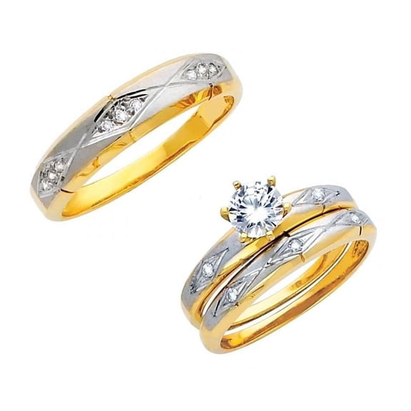 14k Two Tone Gold 1.20 ct Round CZ Matching Wedding Ring Trio Set His & Hers