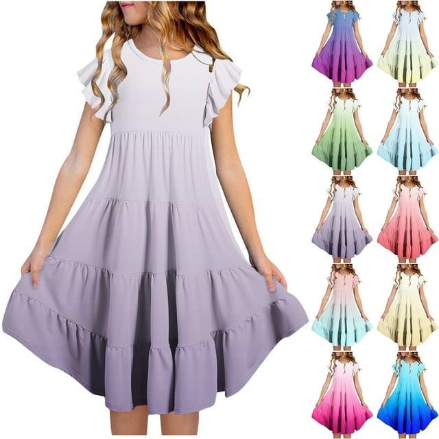Tranfacy Summer Dresses for Teens, Girls Dresses Size 10-12, Girls Summer Dress for 6-15 Fashion Gradient Color Dress with Pockets Short Sleeve Round Neck A-Line Dress