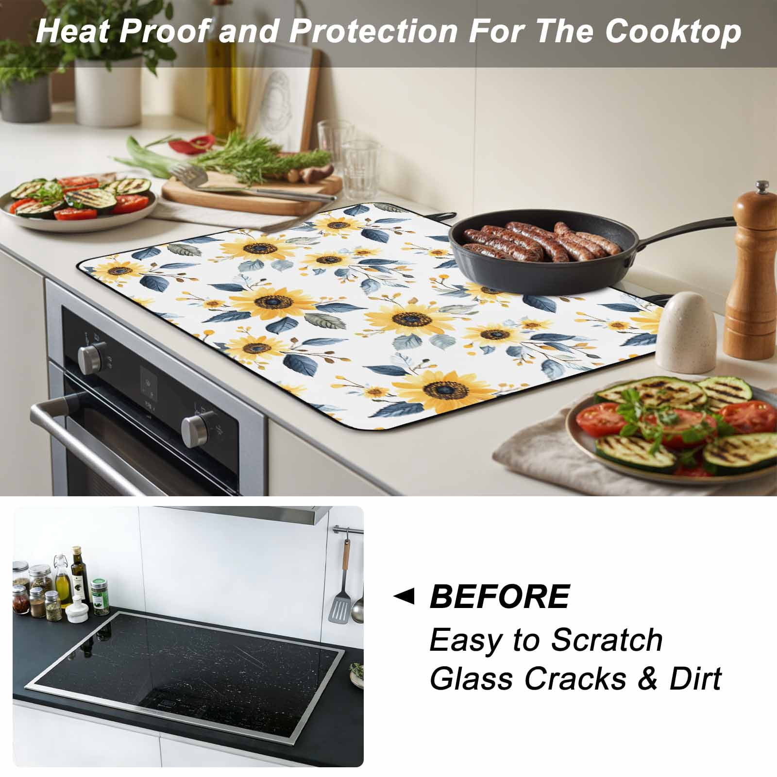 Sunflower Stove Top Cover for Electric Stove, Heat-proof & Non Slip Glass Top Stove Cover Protector, Spring Floral Vintage Summer Botanical Kitchen Flat Cooktop Rubber Mat 24x21 Inches