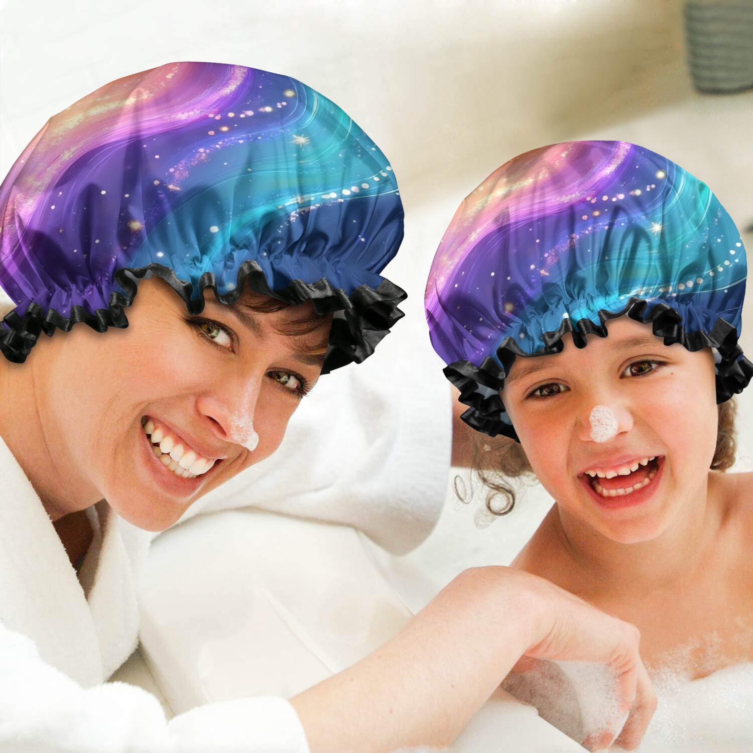 Shower Caps,Rainbow Tie Dye Wave Pattern Waterproof Shower Cap for Women 4 Pieces,Double Reusable Hair Cover for Shower PEVA Elastic Stretch Hem