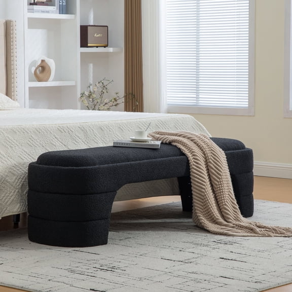 FFZ 64.96 inch Upholstered Boucle Ottoman Bench with Solid Wood Frame, Black