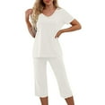thumbnail image 4 of Women's Pajamas Set V Neck Short Sleeve Top and Capri Pants Lightweight Sleepwear Comfy Pjs Lounge Set Solid Casual Loungewear Wife'sPajamas Outfits Matching Sets 2026, 4 of 7