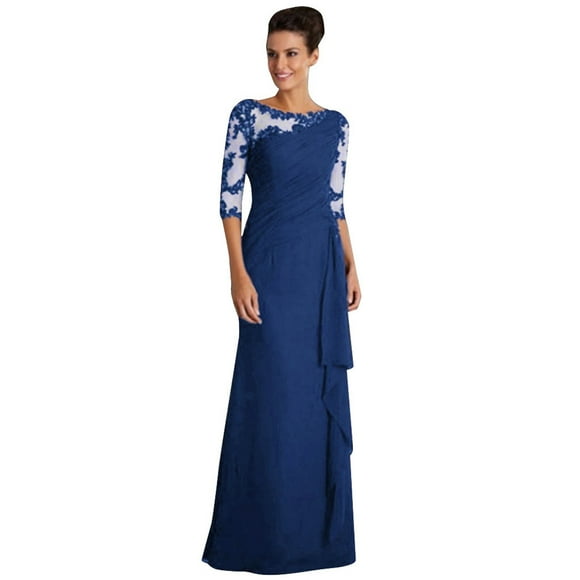 XZNGL Long Sleeve Dress Womens Fashion Long Dress Lace Splicing O-Neck Mid Sleeve Evening Dress Long Lace Dress