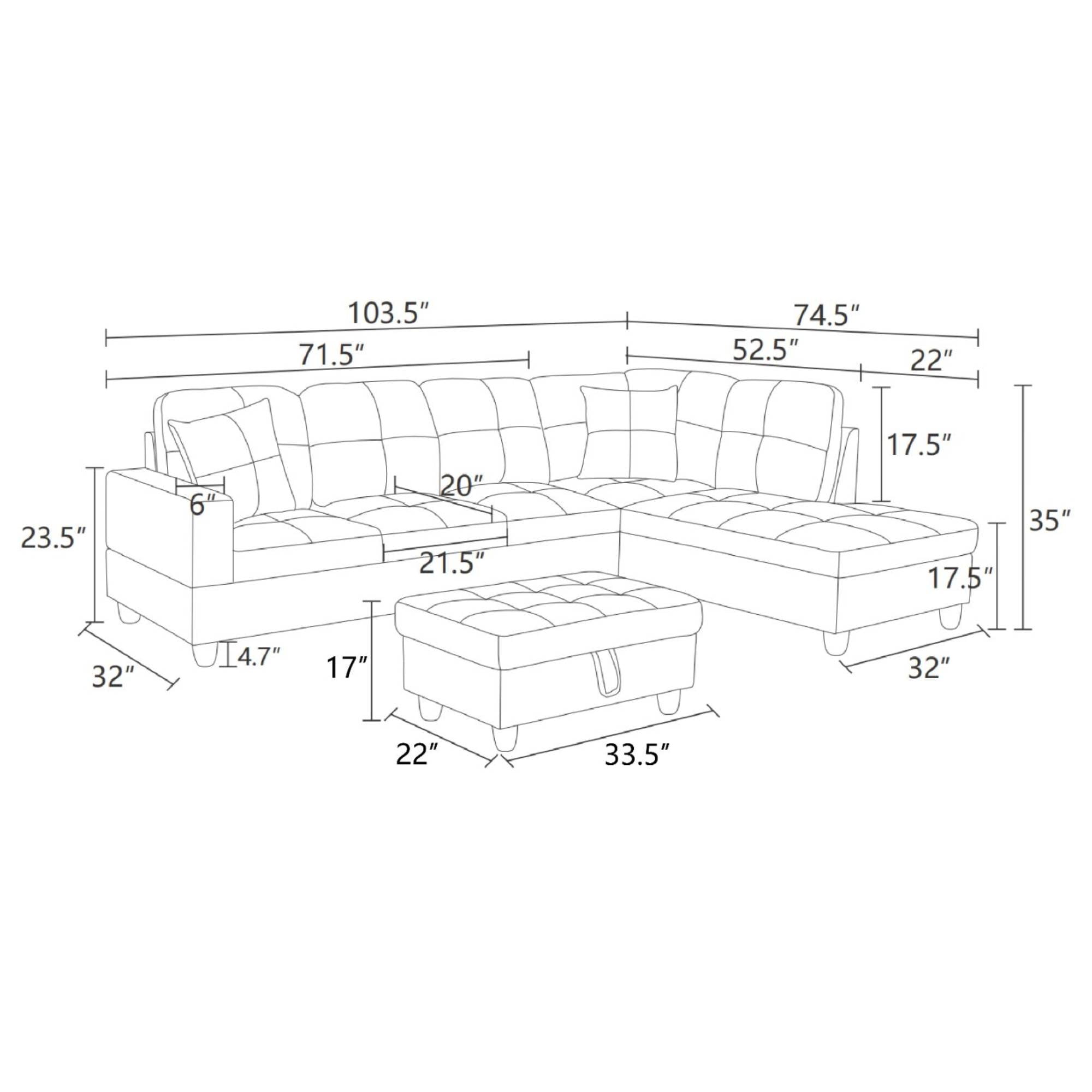 Modern Sectional Sofa Couch, 4-Seaters Leather Sleep Sofa with Right Chaise Lounge , Ottoman Furniture Sets for Living Room
