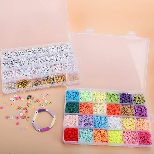 Htooq 6000pcs Clay Heishi Beads With Letter Beads For Bracelets, 24 Colors 6mm Flat Polymer Clay Spacer Beads With Elastic String And Pendant And Jump