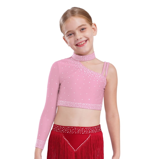 Manyakai Kids Girls Shiny Rhinestone Jazz Latin Modern Lyrical Dance Crop Tops Irregular Shoulder Pink 6
