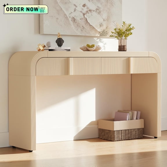 Tcbosik Modern Console Table, Narrow Sofa Table with 2 Storage Drawers, Behind Couch Table for Living Room, Hallway, Entryway, Easy Assembly, Apricot Cream