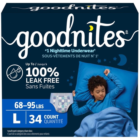 Sous-vêtements de nuit Goodnites pour garçons, taille P/M (31 à 43 kg [68 à 95 lb]), 34 sous-vêtements