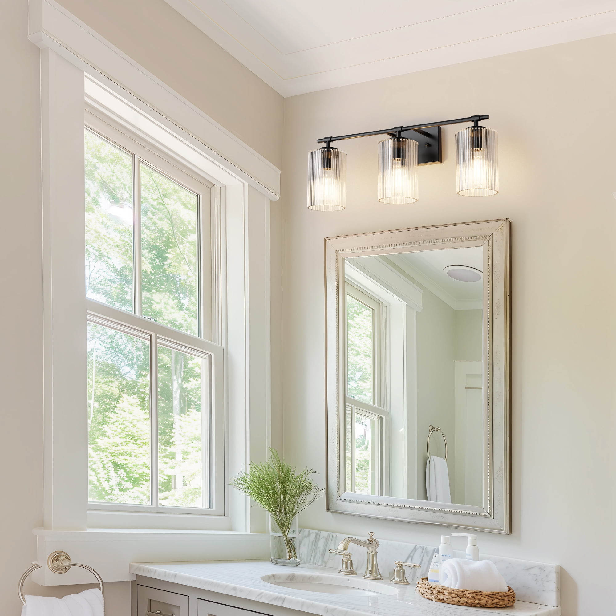 YANSUN 24 in 3-Light Black Vanity Light with White Cylinder Glass Shades for Bathroom, Mirror, Vanity Area