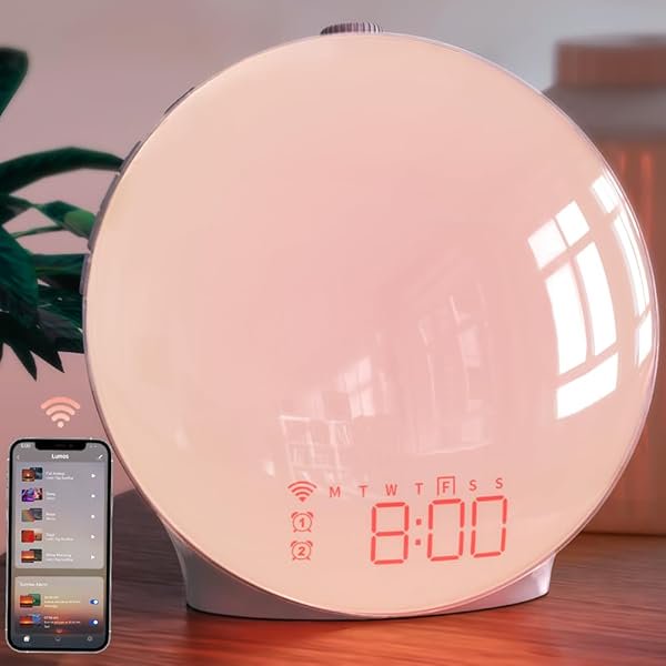 Despertador inteligente con sonido de amanecer y ruido blanco, radio FM, luz nocturna de atardecer y alarmas duales.